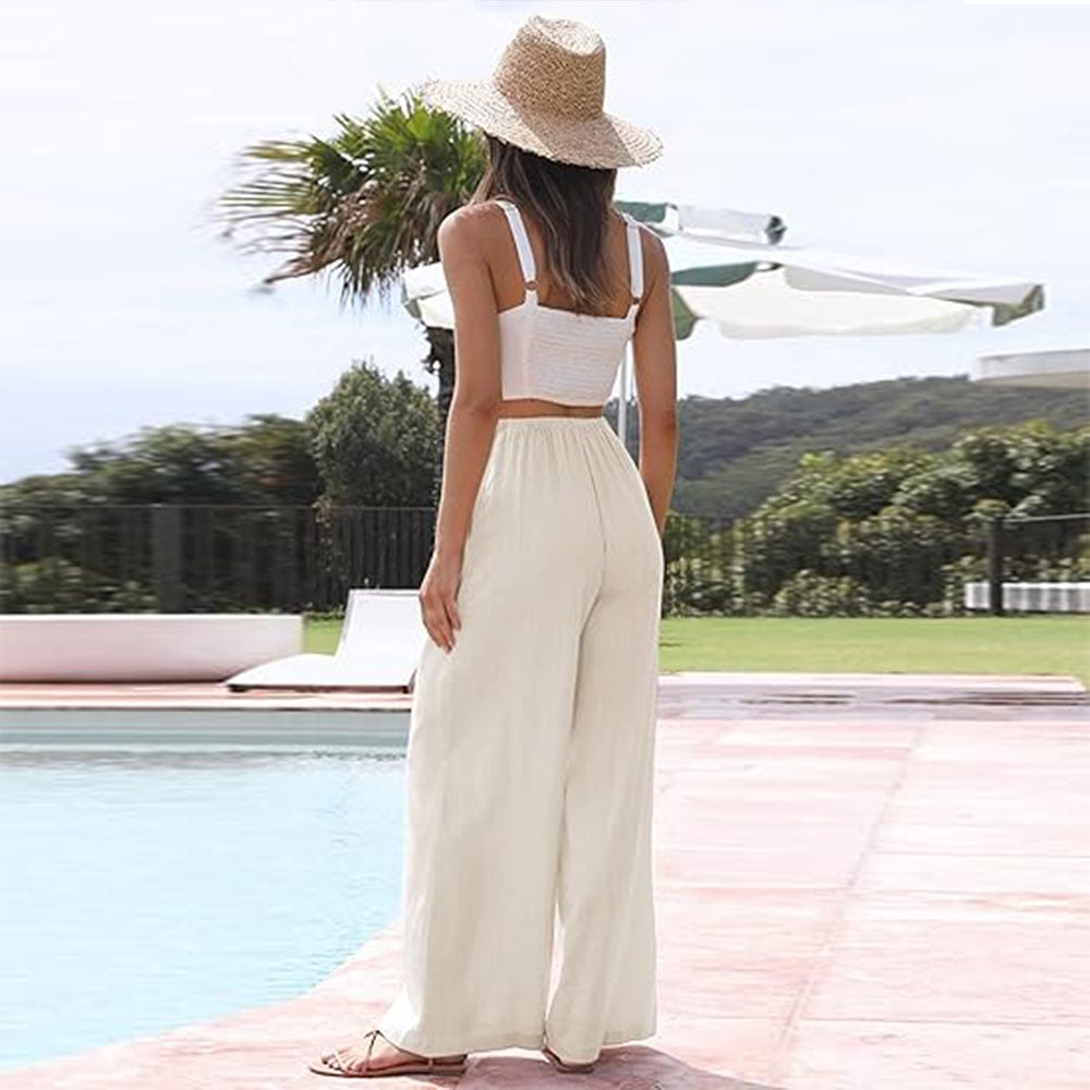 🎉Hot Sale 49% OFF🎉Faleave Women's Cotton Linen Summer Palazzo Pants Flowy Wide Leg Beach Trousers with Pockets